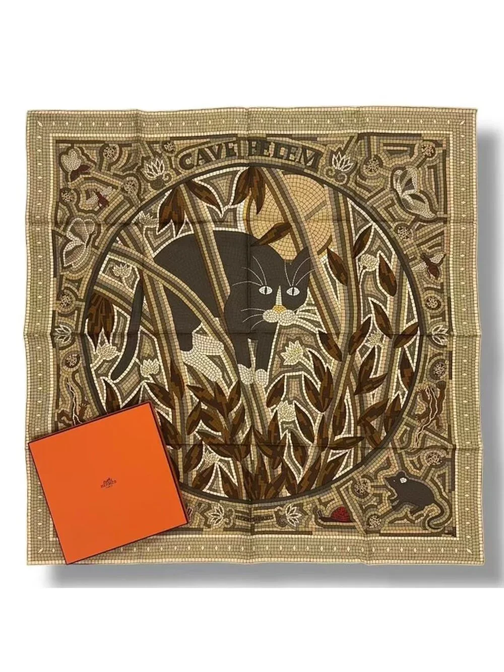 Hermes Carre 90 Scarf Silk Cave Felem Beware Of Cats Beige